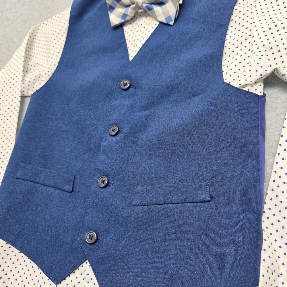 Van Heusen Boy Size 8 3 Piece Dress Set Blue Plaid Bow Tie White Dot Shirt Vest - Picture 7 of 12